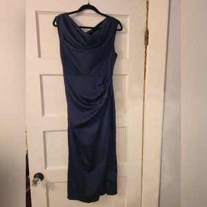 A&F Maxi Dress, Draped Neck Ruched Blue Satin Sz Med Petite, Formal Prom Wedding